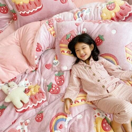 Winter Warm Flannel 3/4pcs Bedding Set Milk Velvet Quilt Duvet Cover Cartoon Thickened Snow Fleece Bed sheet Pillowcase Sets