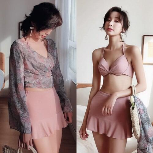 Korean Style Swimsuits Fashion Womens Bikinis Sets 3 Pieces Bikini Floral Cover-up Women Swimwear Beach Skirt Sexy Bathing Suit
