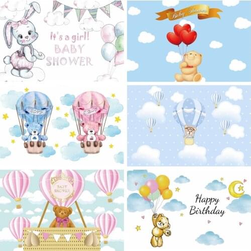 Laeacco Birthday Party Photography Backdrops Blue Sky White Clouds Balloons Bear Newborn Baby Shower Photo Backgrounds Photocall