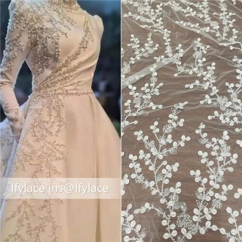 LFY Fashion Bridal Off White Beads Sequins Gorgeous Wedding Dress French Tulle Lace Fabric 51'' width 1 yard
