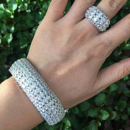 ModemAngel Fashion Luxury Super Flowers AAA Cubic Zirconia Women Party Engagement Width Bracelet Bangle And Ring Set