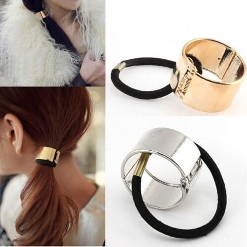 TDQUEEN Trendy Round Metal Punk Hair Band Cuff Elastic Stretch Ponytail Holders for Women