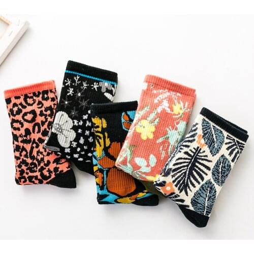 Women Fashion Flowers Patterned Cotton Socks Female Original Leopard Print Casual Couples Socks Joker Sweat Absorption Sox
