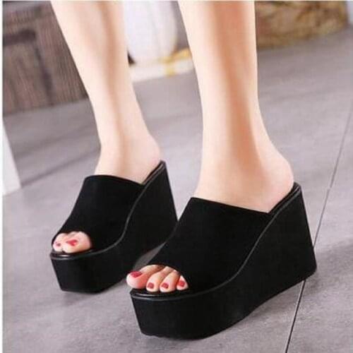 Europe and the United States new wedges slippers womens thick sponge cake fish mouth black high-heeled sandals and slippers tid