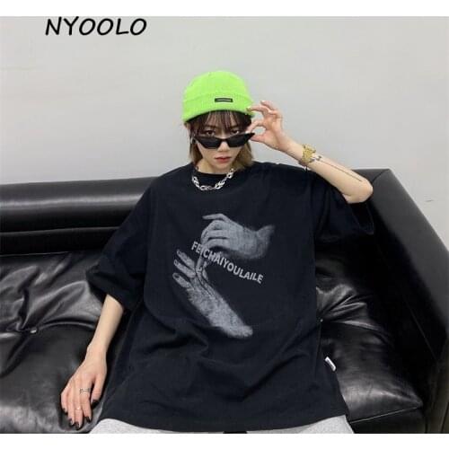 NYOOLO Vintage Streetwear Creativity Dark Hand Letters Print Short Sleeve Oversized Goth T-Shirt Women Men Summer Hip Hop Tops
