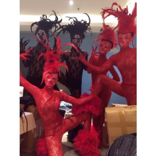 Girl party stage show heawear bodysuit Halloween red black lace demon dance costume