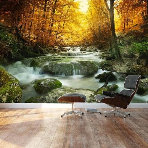 Custom 3D Photo Wallpaper Golden Leaves And Forest Waterf Wall Mural Poster Wall Stickers Home Decor Vinyl Removable Decor