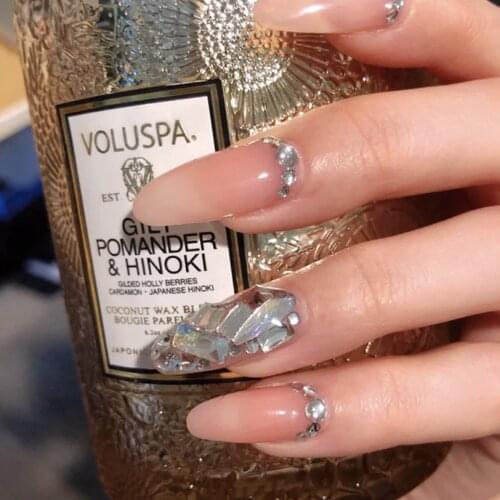 Princess style Jelly pink pure color with beautiful diamond 3d fake nails Bride false nails french 24pcs with glue full nail tip