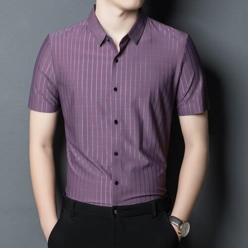 Summer Smooth Cozy Elastic Blue Silk Shirts Mens Business Elegant Mens Clothing Purple Office Wear Social Work Shirts Gentleman