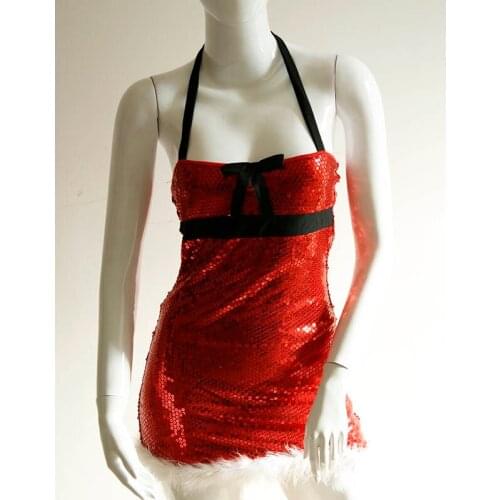 Sexy Miss Santa Fancy Dress Elegant Halter Sequins Adult Women Christmas Costume Fantasy Red Xmas Claus Mini Dress W204016