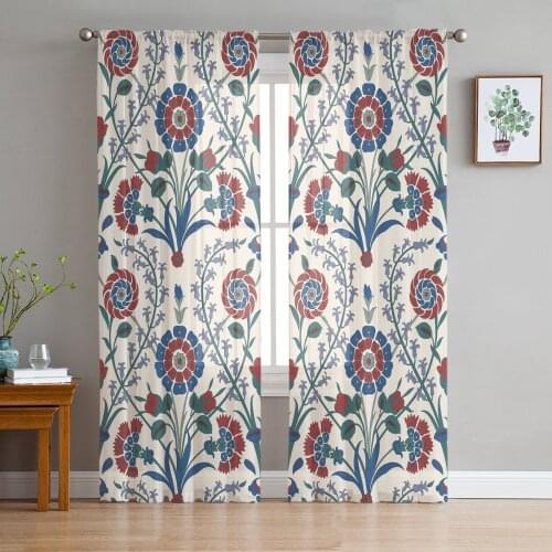 Traditional Arabic Flower Islamic Tulle Window Treatment Sheer Curtains for Kitchen Living Room the Bedroom Curtains Decoration