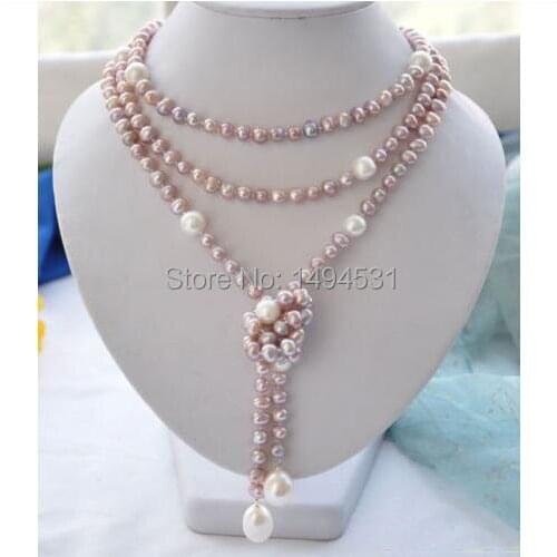 Wholesale Pearl Jewelry 65 Inches 7-14mm Lavender Round White Drip Freshwater Pearl Necklace - Handmade Jewelry - XZN34