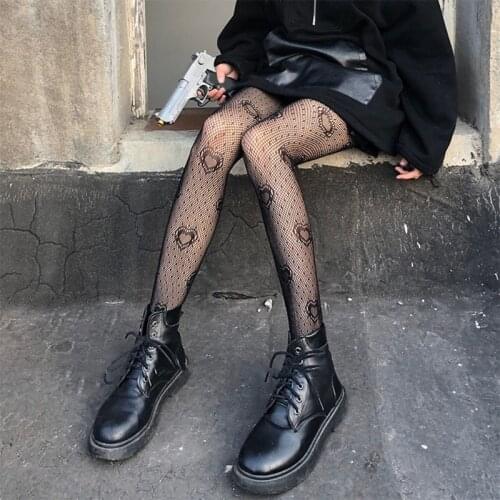 Women Black Heart Dot Jacquard Fishnet Pantyhose Gothic Punk Hollow Out Mesh See-Through Tights Stockings Lingerie