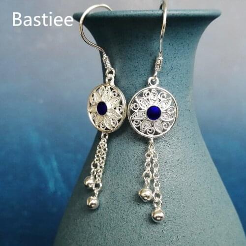Bastiee Hmong 999 Sterling Silver Drop Blue Earrings For Women Long Tassel Earings Handmade Luxury Jewelry Miao Cloisonne Enamel