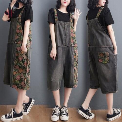 Summer Women Sleeveless Denim Playsuits Large Size Casual Floral Print Patchwork Jeans Overalls Female Vintage Wide Leg Jumpsuit