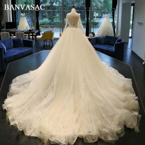 BANVASAC 2018 Real Photos Beadings Ball Gown Lace Appliques Wedding Dresses Long Sleeve Plus Size Chapel Train Bridal Gowns