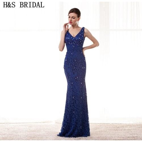 H&S BRIDAL Lace Beaded Blue prom dresses With Straps Sexy Backless Evening Gown Long Party Dress Custom Made prom dress 2020