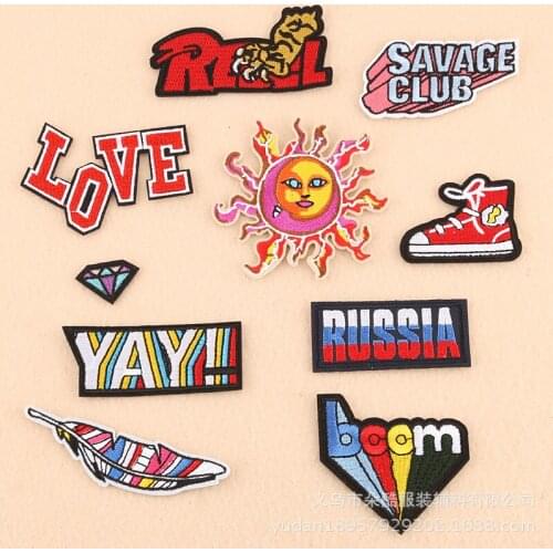50pcs/lot Embroidery Patches Letters Feather Sun Diamond Clothing Garment Accessories Diy Cute Iron on Heat Applique