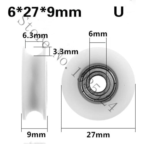 6*27*9mm Nylon bag plastic embedded bearing small pulley wheels U type slot concave slot plastic coated pulley Windows pulley