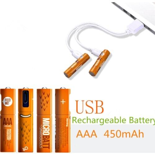 2pcs/lot New 1.2V AAA Rechargeable Battery 450mAh USB Ni-MH Rechargeable Battery with Micro-USB Charging Cable