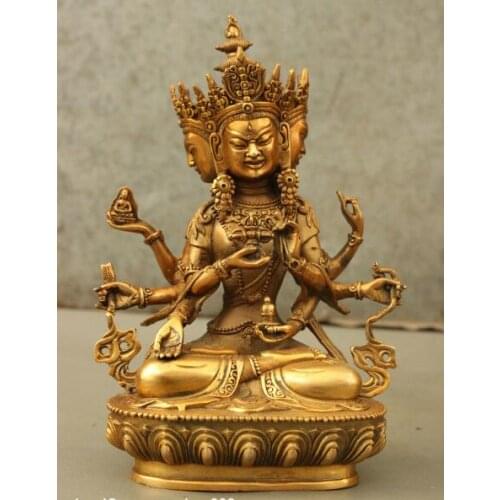 Free shipping S02000 9" Tibet Old Bronze Gilt 3 Head 8 Arms Namgyalma & Ushnishavijaya Buddha Statue