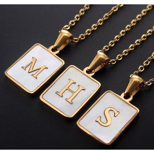 MHS.SUN Fashion Square 26 Alphabet Shell Pendant Necklace Stainless steel Jewelry For Women Letter Chain Necklace Party Gift 1PC