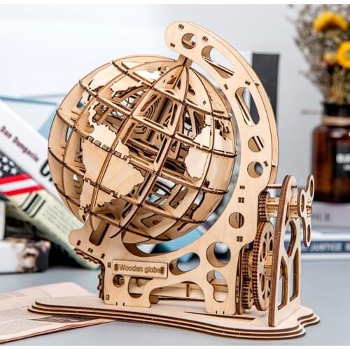 Wooden Globe Puzzle 3D DIY Mechanical Drive Model Transmission Gear Rotate Assembling Puzzles Home Office Decoration Toys