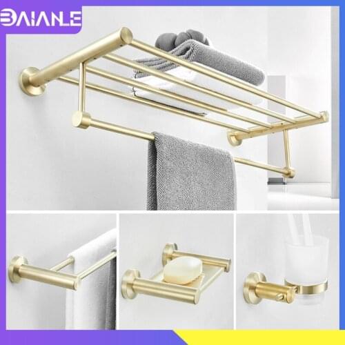 Bathroom Towel Holder Stainless Steel Towel Bar Sets Brushed Gold Towel Rack Robe Hook Soap Dish Toilet Paper Holder with Shelf