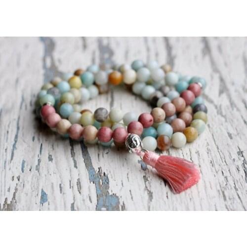 108 Amazonite Buddha Necklaces Natural Amazonite Beads Long Necklace Spiritual Jewelry Pink Tassel Necklace Rhodonite Necklace