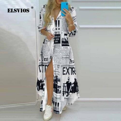 Elegant Print Single-Breasted Split Maxi Dress Autumn Women Long-Sleeve Loose Vestidos Ladies Fashion Sexy V-Neck A-Line Dresses