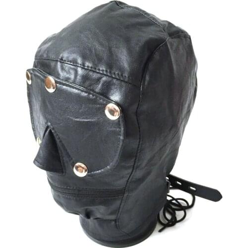 Black Leather headgear, zipper with eyes and mouth open