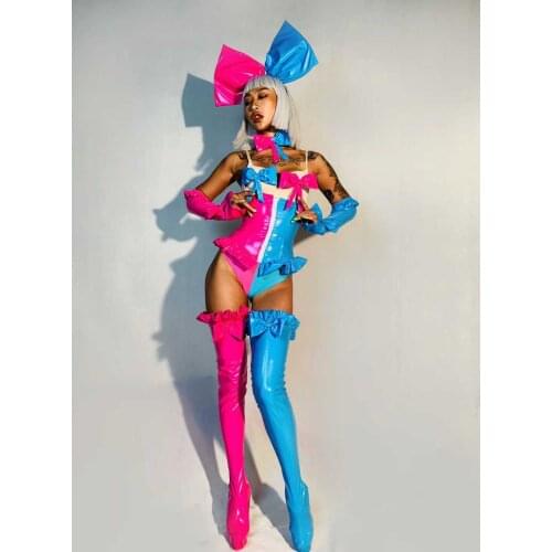 Lovely Ds Gogo Dance Performance Stage Wear Bow Pink Blue Stitching Bodysuit Festival Party Rave Outfit Bar Dancer Wear VDB3701