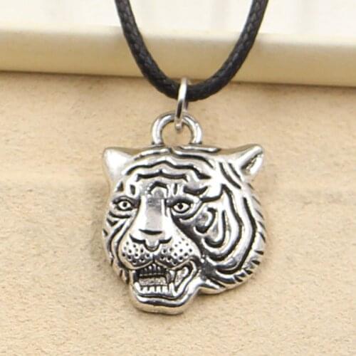 New Fashion Tibetan Silver Color Pendant Tiger Head Necklace Choker Charm Black Leather Cord Factory Price Handmade Jewelry