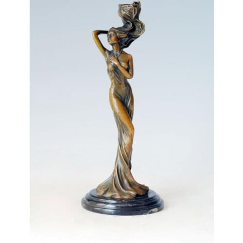 ATLIE Bronzes Stroking hair girl Candle Holder Statue Bronze Candlestick gifts Antiques Collections handicraft