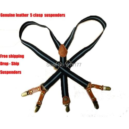 5 clips genuine leather suspenders Adult Braces Men New Vintage Suspenders Clip General Casual Clothing Recessionista Suspenders