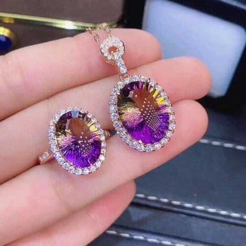The best gift for Anniversary Ametrine jewelry set Natural Real Ametrine 925 sterling silver 1pc pendant,1pc ring