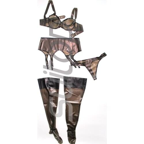 Sexy rubber latex underclothes suit (bra+suspender Belt+stockings+thong) in transparent black and black trim size custom made
