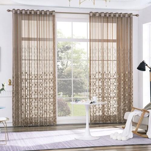 Embroidered Sheer Curtains for Living Room Bedroom Brown Floral Tulle Curtains for Kitchen Window Treatments Drapes Decor