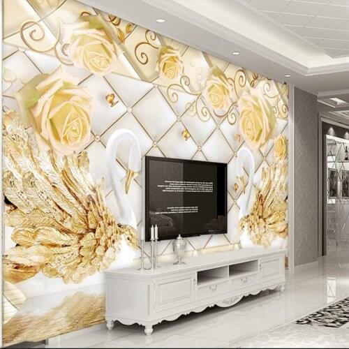 Wellyu 3d Rose Butterfly Love Swan embossed three-dimensional soft package background wall custom large mural green wallpaper