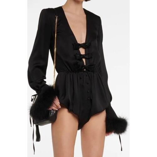 Womens Tight Sexy Black Jumpsuit Stitching Bow Tie V-Neck Long Sleeves High Waist Pleated Slim Fit Jumpsuit 2021 Summer T-Shirt