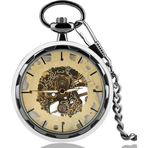 Famous Brand TIEDAN Transparent Skeleton Mechanical Pocket Watch Classic Open Face Design Hand-winding Male Clock 2020 Relogios