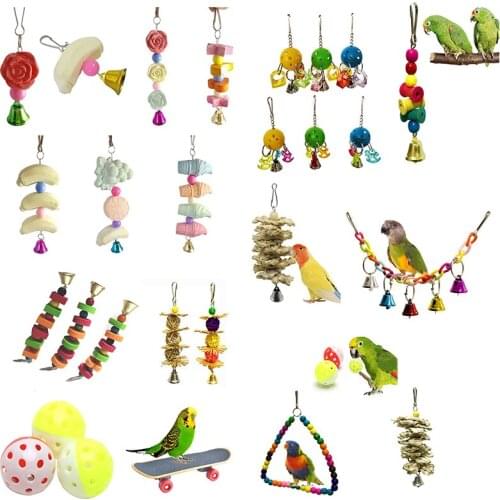 Bird Cage Toys for Parrots Reliable Chewable Swing Hanging Chewing Bite Bridge Wooden Beads Ball Bell Toys Skateboard Toys