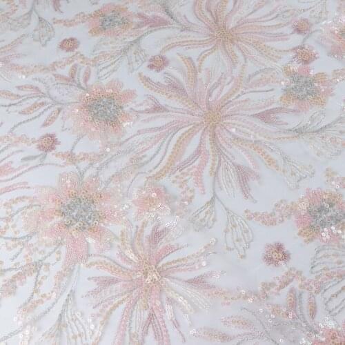 Quality gauze fabric Pink Sequin embroidery material High end cheongsam dress tissu