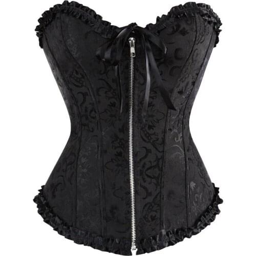 Fashion Women Zipper Bustier Top Sexy Body Shapewear Corselet Lace Up Boned Waist Trainer Corset Overbust Brocade Plus Size 6XL