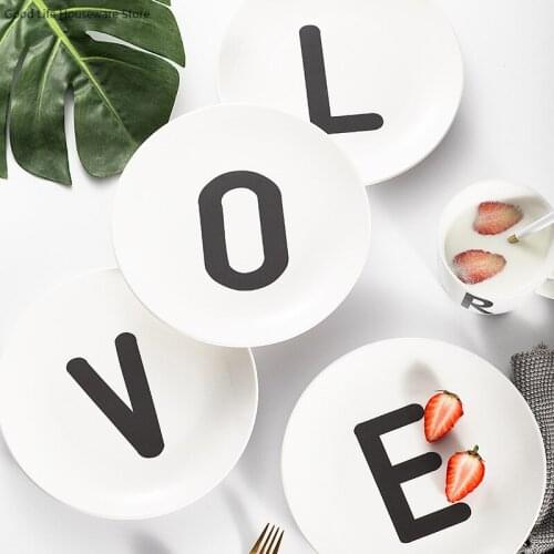 8 Inch Letter Printed Round Flat Plate Ceramic Tableware Household Dishes Nordic Style Western Steak Dessert Tray