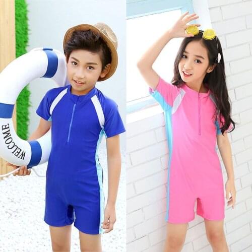 2021 Swimsuit Kids Big Children One Piece Half-Sleeved Boxer Shorts Sunscreen Training Swimming Fashion Zipper Comfortable Suit