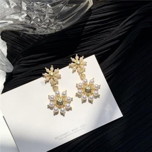 Girls Sweet Simulated-pearls Snowflake Drop Earrings Vintage Aesthetic Earings Fashion