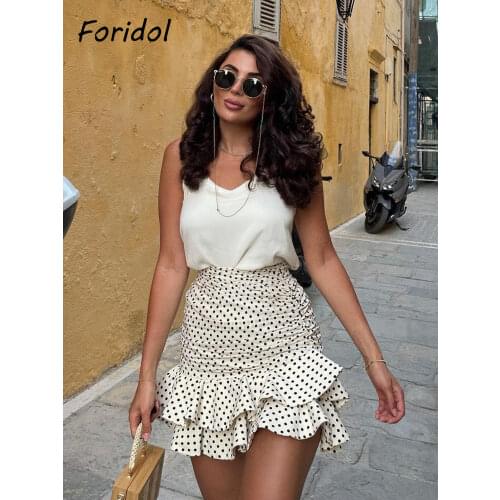 Foridol Polka Dot Ruched Mini Skirt Women White Ruffle Vintage Bodycon Chic Skirt 2020 High Waist Holiday Skirt Faldas