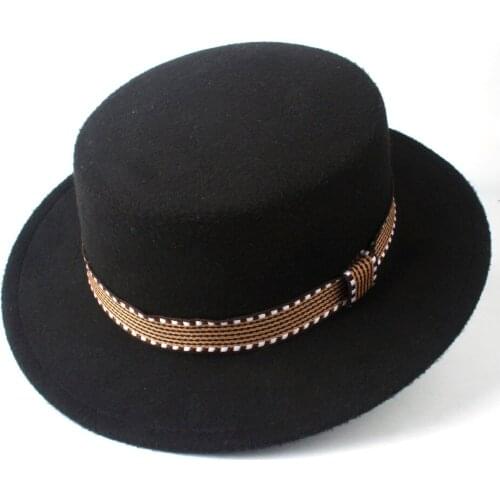 New Men Women Fashion Flat Fedora Top Hat With Belt Wool Trilby Hat Pork Pie Hat Jazz Hat Size 56-58CM