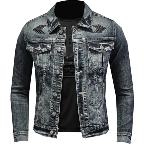 Motorcycle Denim Mens Badge Patch Desgin Blue Stretch Cotton Slim Jean Biker Jacket Men Spring Autumn Outerwear Coat